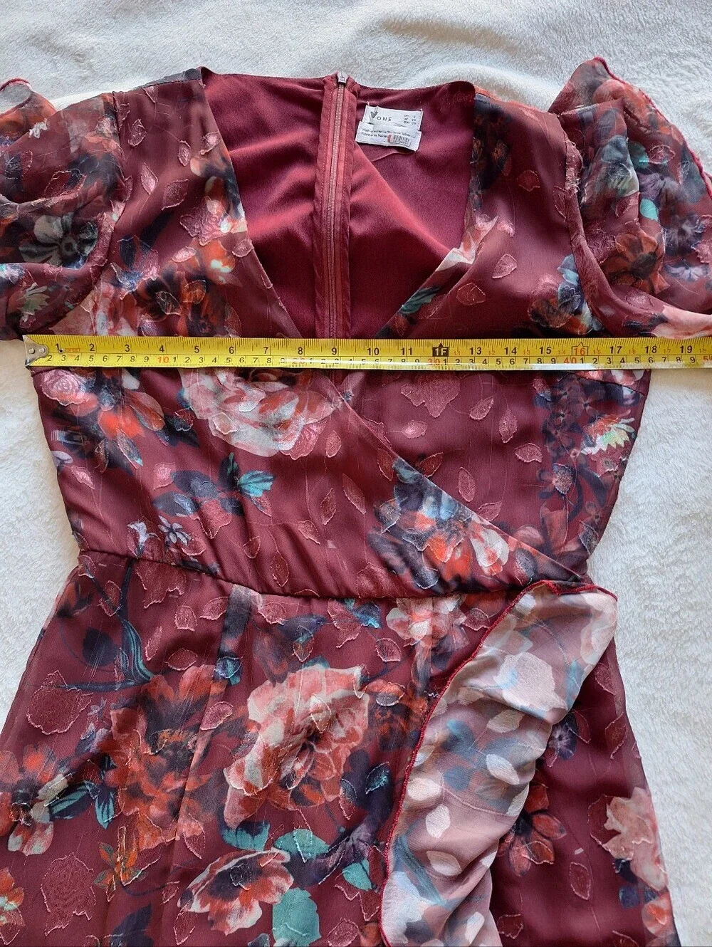 Vone Mireya Floral Ruffle Faux Wrap Midi Dress Burgundy Gold Shimmer US 8